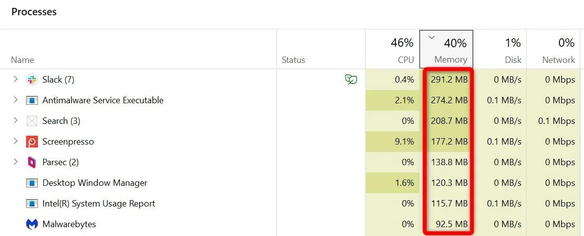 Check RAM usage in Task Manager sorted by memory