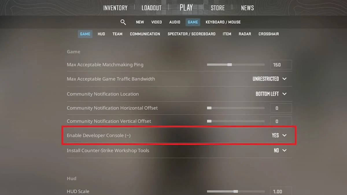 Enable developer console in CS2 game settings