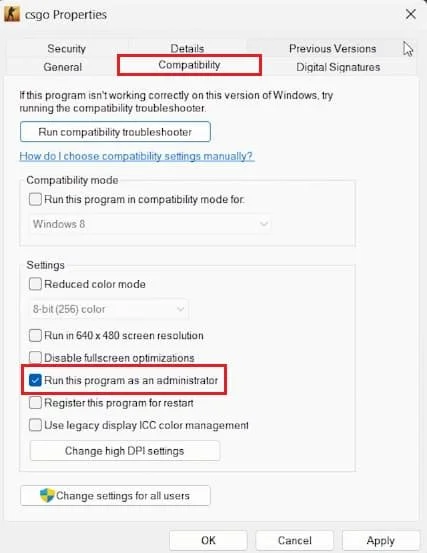 Run CS2 as administrator in Compatibility settings