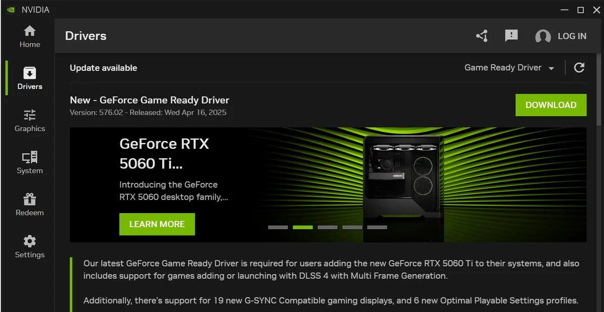Update graphics driver in the NVIDIA app