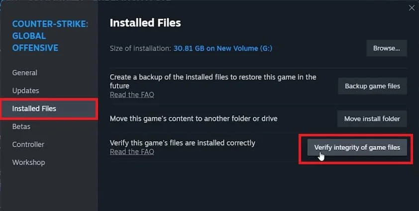 Verify integrity of CS2 game files in Steam