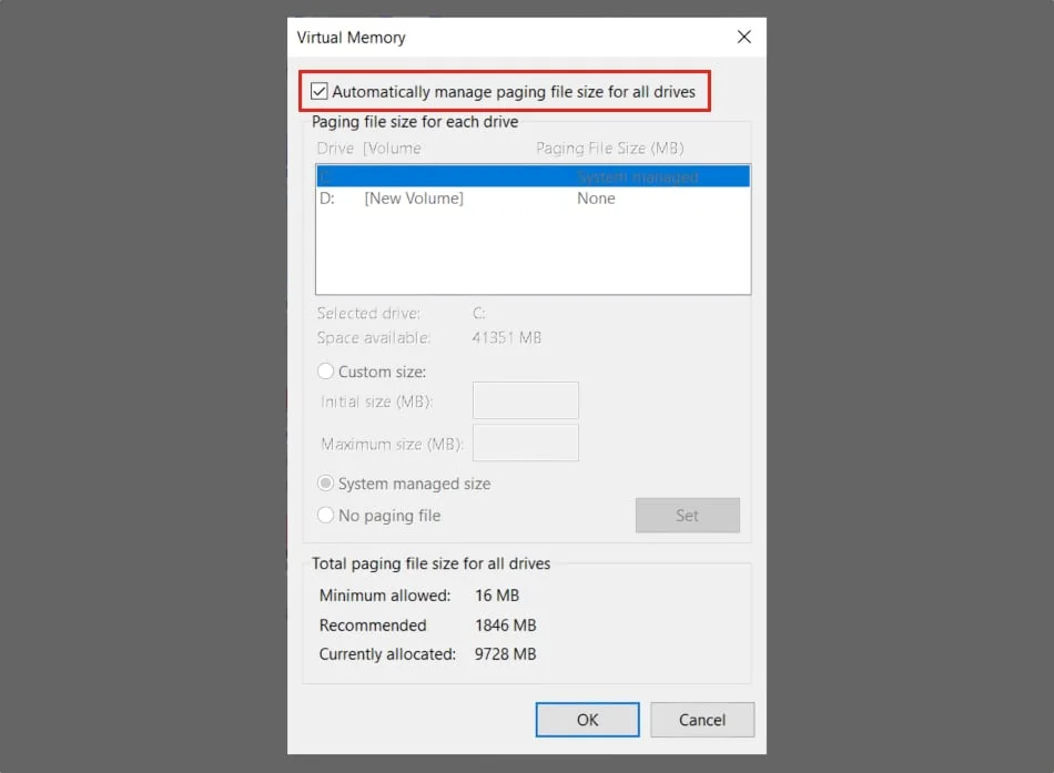 Windows virtual memory page file settings